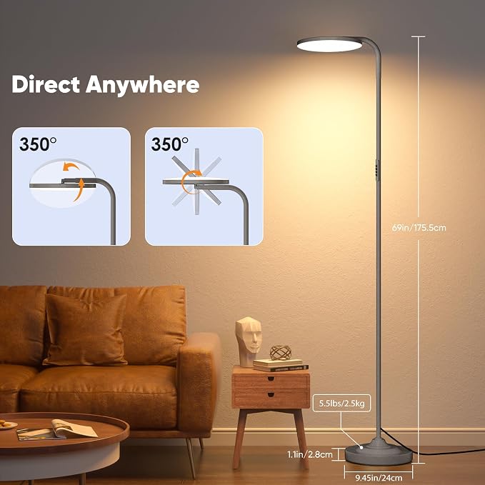 36W LED Floor Lamp, Super Bright Standing Lamp, Modern Stepless Dimmable Torchiere Tall Lamp with Remote Control, 350°Rotating Head Reading Floor Lamp for Living Room, Bedroom, Office