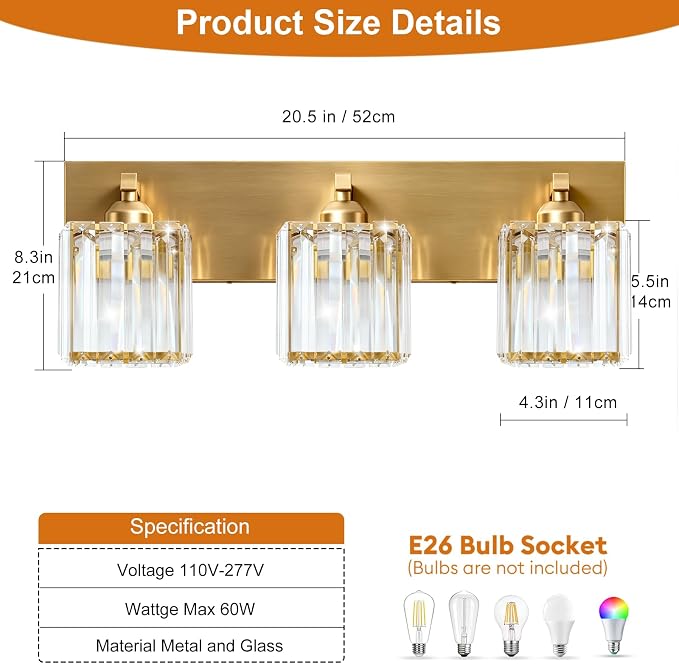 Gold Crystal Bathroom Vanity Light, 3-Light Modern Bathroom Lighting Fixtures Over Mirror,Chrome Wall Sconce Light Fixtures with Square Shade