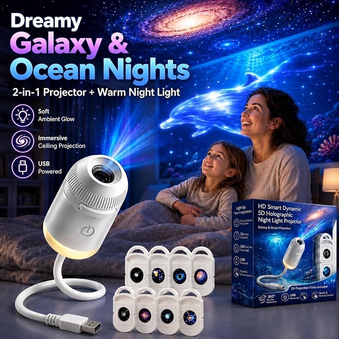 Galaxy Projector Night Light, 2-in-1 Holographic Star 5d Ocean Projector Plug and Play hd Star Smart Dynamic Ceiling Projectors Lamp 360° Space Starry Sky USB Projection