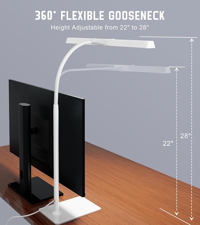 LED Desk Lamp for Home Office with Base, Eye-Caring Desk Light 12W | Tall Lamp for Computer Monitor Task Reading, Adjustable Gooseneck, 5 Dimmable Brightness & Color, Touch Control, Timer
