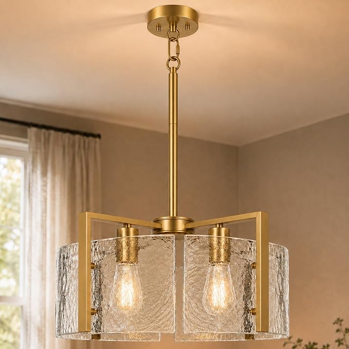 17.7 Inch Gold Chandeliers for Dining Room, Adjustable Height | 4-Light Vintage Entryway Light Fixture, Glass Pendant Lights for Kitchen Island Foyer Bedroom Bathroom