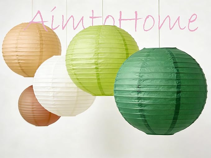 Earth-Tone Paper Lanterns Set (12 Pcs) - 6/8/10 Inch Hanging Lanterns for Jungle/Dinosaur/Rugby Parties, Birthdays & Home Decor（Teal, Coffee, Sage Green, Khaki, White）
