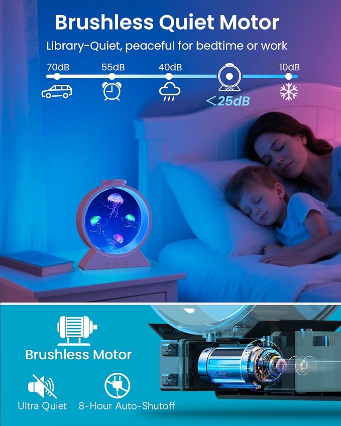Jellyfish Lamp for Sleep Anxiety Calming Night Light for Bedroom(Pink) | Whisper-Quiet Sensory | 7 Soft Color Modes | Adjustable Water Flow | 8H Auto-Off Timer | Rounded Tank Lamp Gift for All Ages