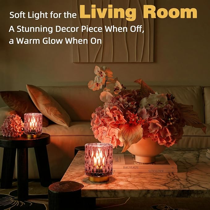 Battery Operated Table Lamp Timer, Small Cordless Lamps Decorative, 2 Pink | Mini Crystal Lamp for Area No Plug, LED Battery Powered Lamps Wireless, Glass Accent Light for Bathroom Fireplace Shelf Decor