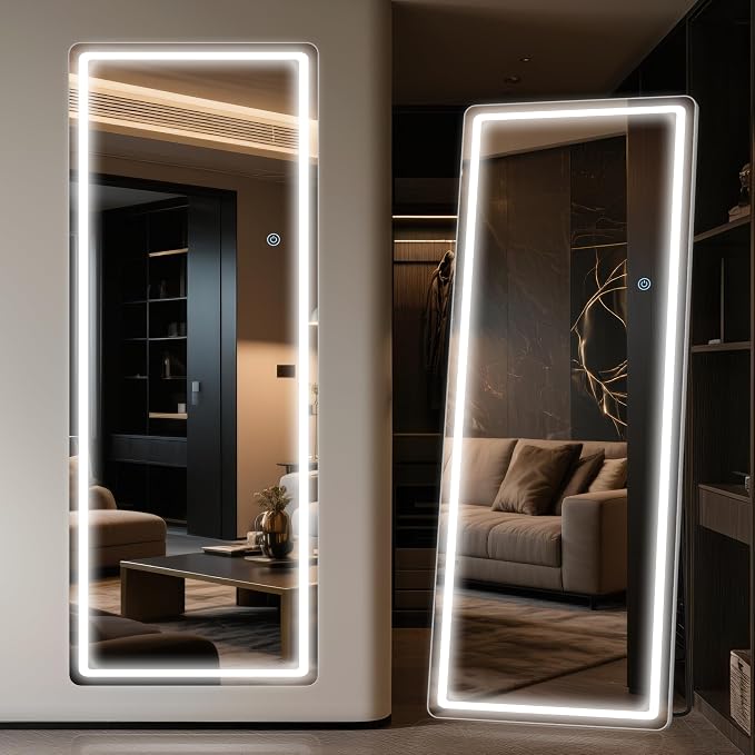 Antok LED Full Length Mirror with Light, 58"x18" Lighted Full Body Mirror with Stand, Dimmable & 3 Color Lighting Standing/Leaning/Wall Mounted Vanity Mirror for Bedroom Cloakroom Livingroom(Rect)