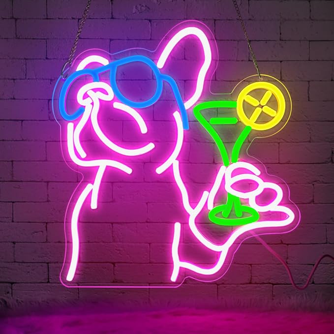 French Bulldog Neon Sign - Cool Dog Drinking Cocktail LED Neon Light for Wall Decor, Dimmable Funny Animal Neon Sign for Home Bar, Pub, Man Cave, Party, Unique Gift for Dog Lovers