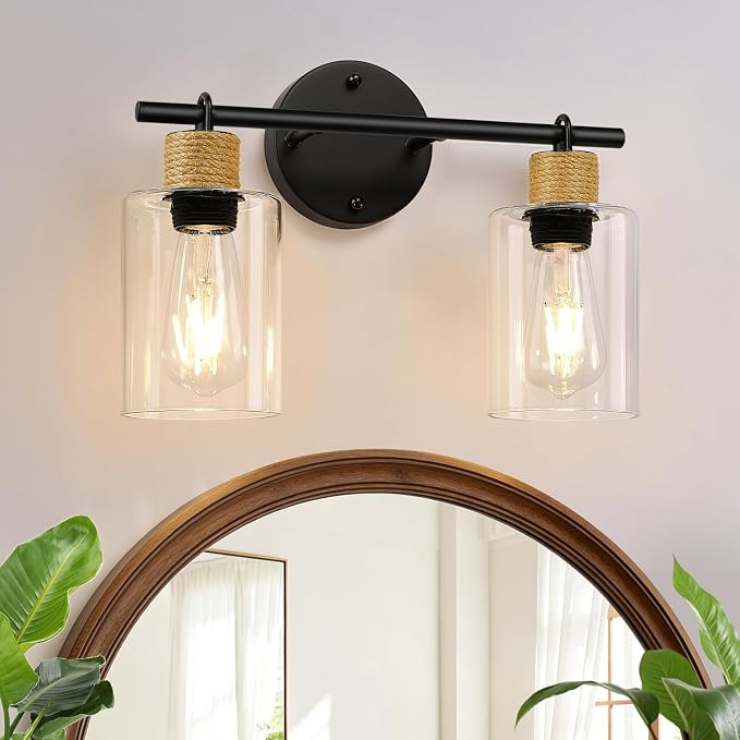 MOKATNG Bathroom Light Fixtures, 2-Light Farmhouse Vanity Lights with Hemp Rope, Black Bathroom Wall Lamp for Mirror Kitchen Hallway Cabinet