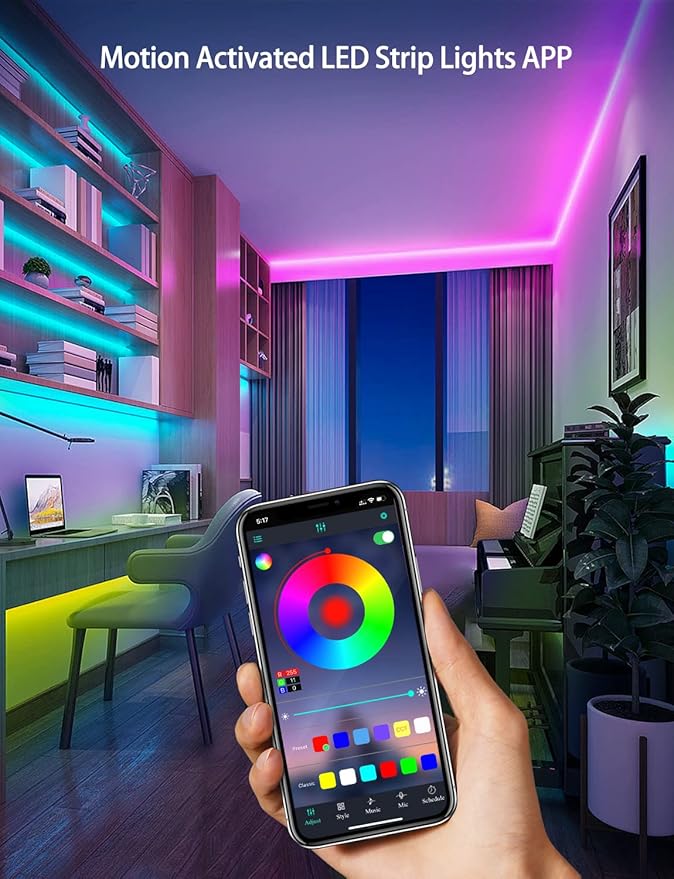 Daymeet Motion Sensor LED Strip Lights, 16.4ft RGB Motion Activated Under Bed Lights with Automatic Shut Off Timer App Control Cabinet Night Light Closet Lights for Hallway, Kitchen,Bedroom