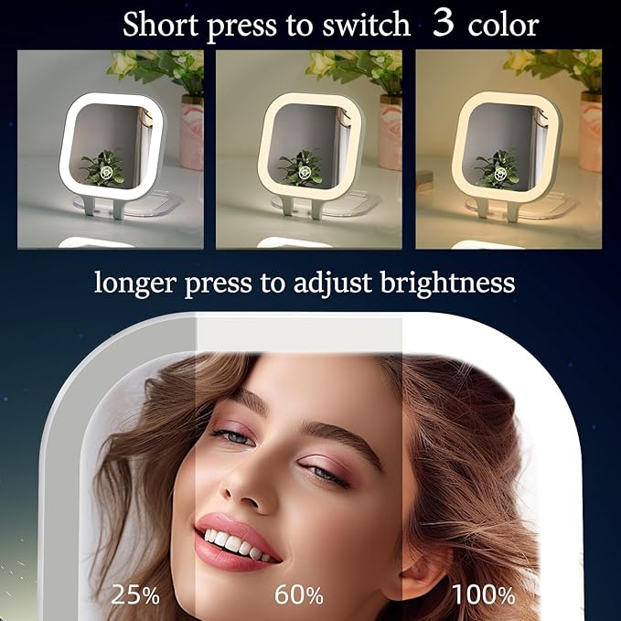 FUNTOUCH Rechargeable Travel Makeup Mirror 30X Magnification, Lighted Portable Vanity Mirror with 3 Colors Lighting & Stepless Dimming, Double Sided LED Mirror, Gift for Women (White+Bag)