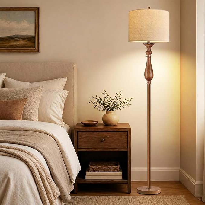 AHDWDW Floor Lamp for Living Room Bedroom,Mid-Century Modern Floor Lamp with Fabric Shade,Farmhouse Boho Floor Lamps with Remote,Dimmable & Adjustable Color Temperature Standing Tall Lamp for Corner