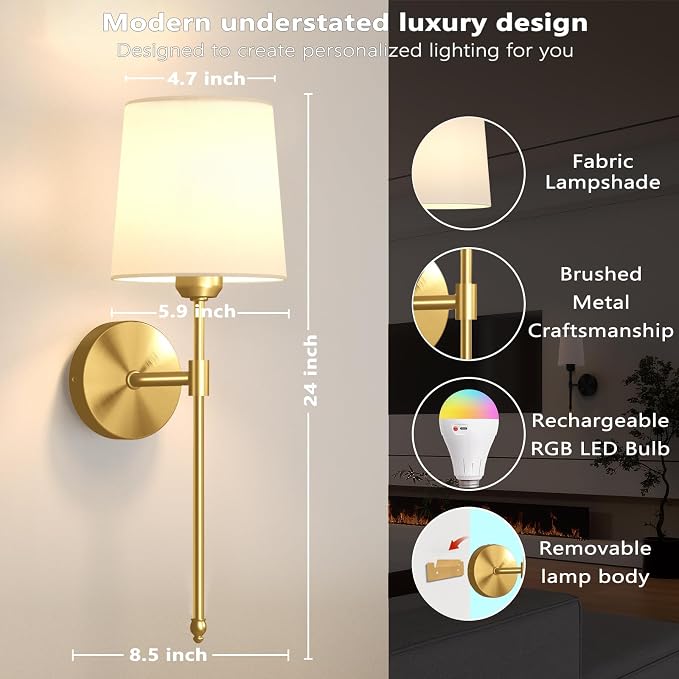 Battery Operated Wall Sconces Set of 2, Wireless Rechargeable Dimmable Wall Light with 5600mAh RGB Bulb and Remote for Bedroom, Living Room, Hallway, Gold, 24in