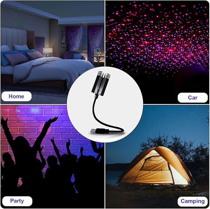 USB Star Night Lights Projector, LEDCARE Sound Activated 3 Modes 2 in 1 Interior Car Roof Lamp, Adjustable Romantic Portable LED Lights for Car Ceiling Bedroom Decoration, Red Purple