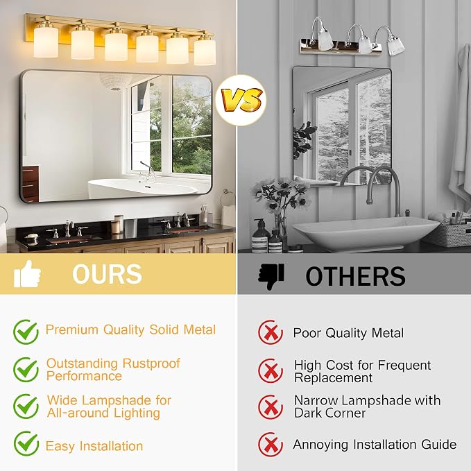 Modern Bathroom Light Fixtures Over Mirror, Vanity Lights for Bathroom Wall Sconces with Milky White Glass Shades, E26 Socket (Bulbs Not Included), 6 Light, Brass