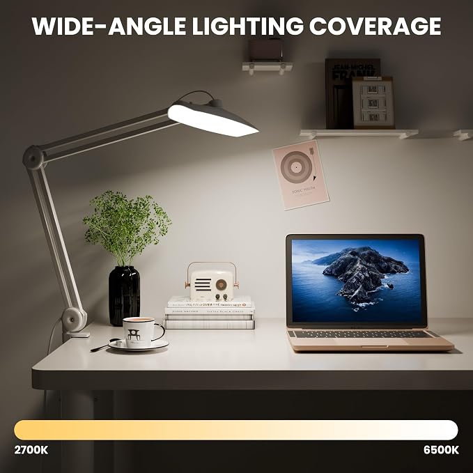 3000 Lumens Adjustable LED Desk Lamp & Task Lamp - Bright, Dimmable Lighting for Office, Crafts, Nails &Salon with Clamp (CCT, White)