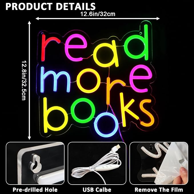Read More Books Neon Sign for Wall Decor, Reading Led Signs for Library, USB Dimmable Neon Lights for Classroom Reading Corner Bedroom Study Room Home Book Club Motivational Wall Art