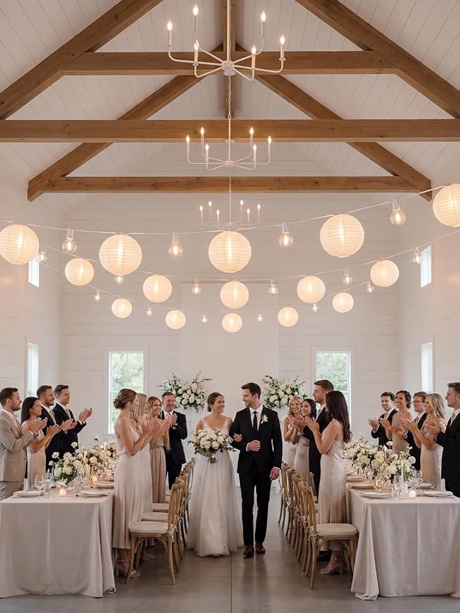 25Ft White Lantern String Lights with 10pcs G40 LED Bulbs,Nylon Hanging Chinese White Lanterns Connectable for Indoor Outdoor,Summer Camping,Wedding,Bedroom,White Wire