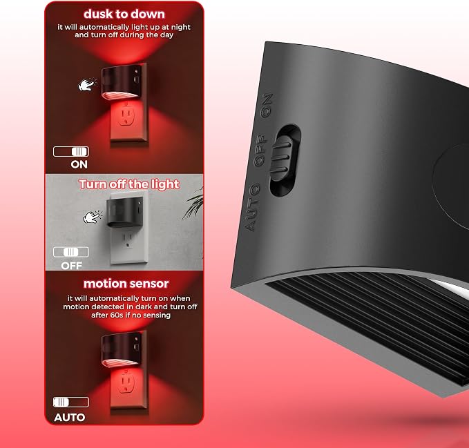 L LOHAS LED Motion Sensor Night Light, Night Lights Plug into Wall, 4 Pack | Nightlight with Dusk to Dawn & Motion Detection Sensor, 30-100Lm Adjustable Brightness, Red Light, Black Housing