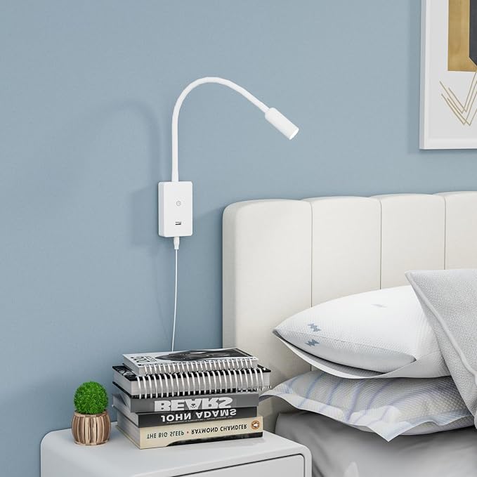 ENUOTEK LED Wall Mounted Reading Light, Bedside Book Lights with Wireless Remote Control for Bed, Flexible Bedroom Spot Lamp, Dimmable Neutral White 4000K Lighting, Timer Function, 5V 2A USB Output