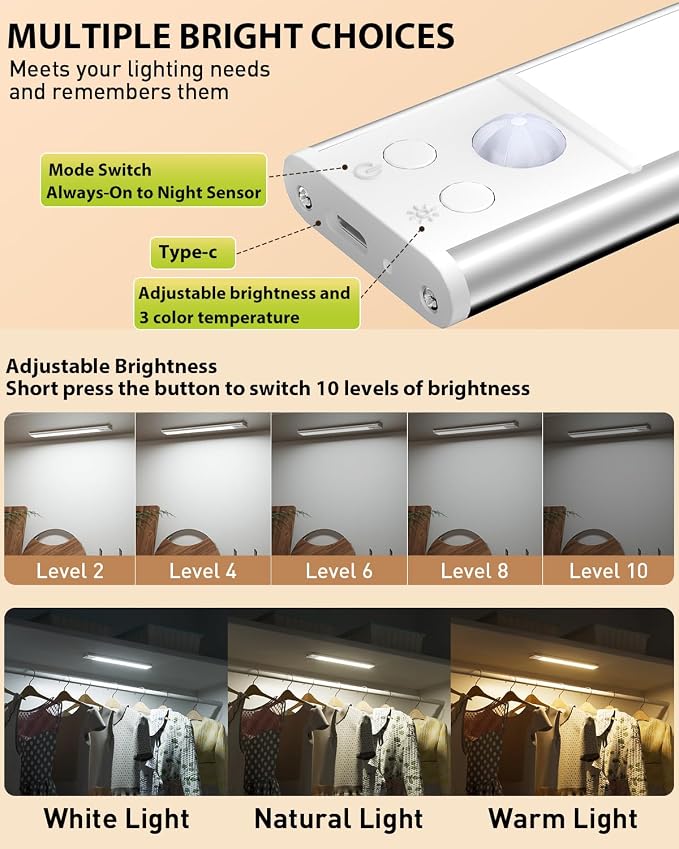 SZOKLED 68-LED Motion Sensor Light Indoor, 10inch Closet Lights Rechargeable, Dimmable Under Cabinet Lighting for Kitchen, Stair, Wardrobe, Pantry, 4Pack