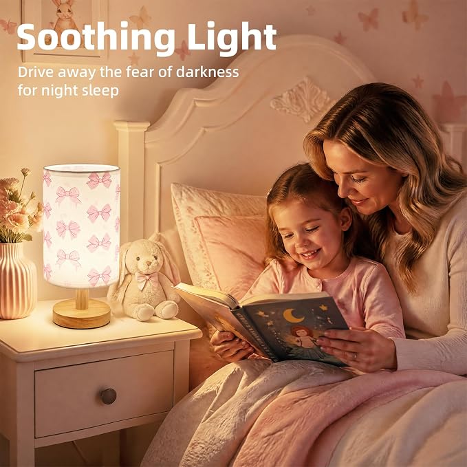 Pink Bow Bedside Table Lamp for Bedroom,Kids Room Decorative Lights 3 Colors LED Nightstand Night Light Lamps with Linen Lampshade Desk Lamp for Girls Boys Birthday Gifts for Home Living room Decor