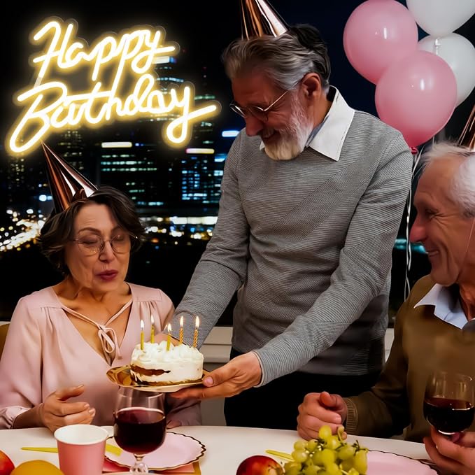Happy Birthday Neon Sign for Wall Party Decor, LED Happy Birthday Light up Sign for Backdrop, 16"x 11" USB Powered 10 Brightness Settings Light up Signs Party Decorations Backdrop, Warm White