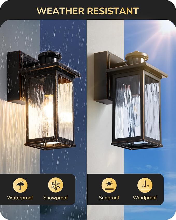 EDISHINE Outdoor Wall Lights with GFCI Outlet, Motion Sensor Dusk to Dawn | Water Ripple Glass, 3 Modes, E26 Base, 140° Angle & 33FT Range, Waterproof Wall Sconce for Porch Front Door Garage Patio