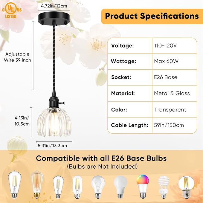 2-Pack Black Pendant Lights Kitchen Island, Modern Adjustable Kitchen Pendant Lighting with Clear Tulip Glass Lampshade, Mini Hanging Pendant Light Fixtures for Living Room Bedroom Entryway