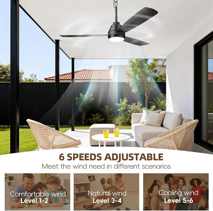 PBLALA 52" Outdoor Ceiling Fans with Lights,Plug in Ceiling Fan Light,Gazebo Fan Light,Hanging with Hook,50W,3CCT,App&Remote Control,6-Speeds,DC Motor,Portable Fan for Patios,Pergola