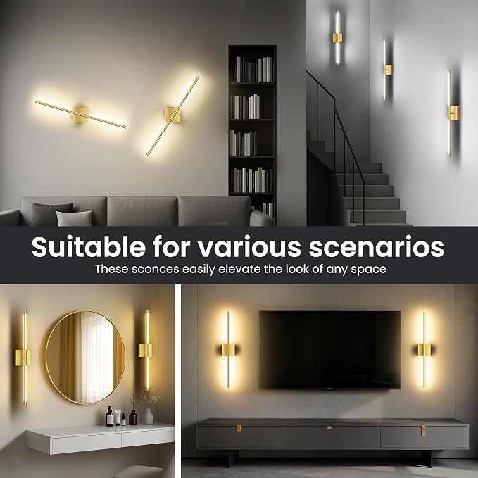 10000mAh Battery Operated Wall Sconces Set of 2, Gold, 29 Inch, 3CCT | Renter Friendly, Rechargeable Wall Lights, Remote Control, 360° Rotate, Dimmable, LED Cordless Lights for Bedroom Living Room