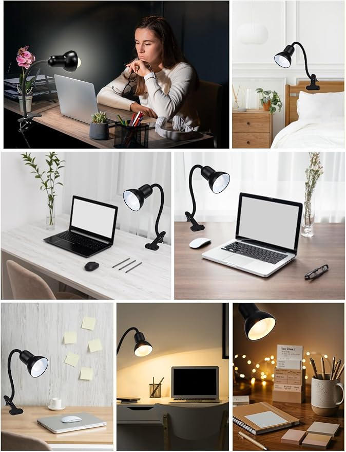 Clip On Gooseneck Lamp - 60W Max, Ceramic Fire-Resistant E26 Socket, Classic Durable Switch, Adjustable Flexible Clamp Light for Desk, Workbench, Bed Headboard, Table, Heat (Dimmable Clip Desk Light)