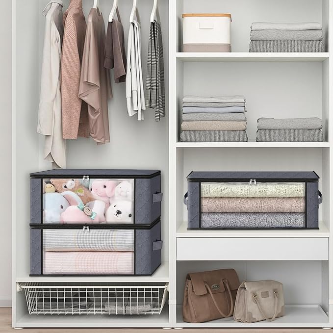 HomeHacks 6-Pack Clothes Organizer Storage Bags Foldable Storage Box with Large Clear Window Sturdy Handles for Closet, Dorm, Pillows, Bedding, Clothes, Stuffed Toys, Blankets, 35L, Grey | Foldable Storage Box Container with Zippers, Clear Window, Rein...