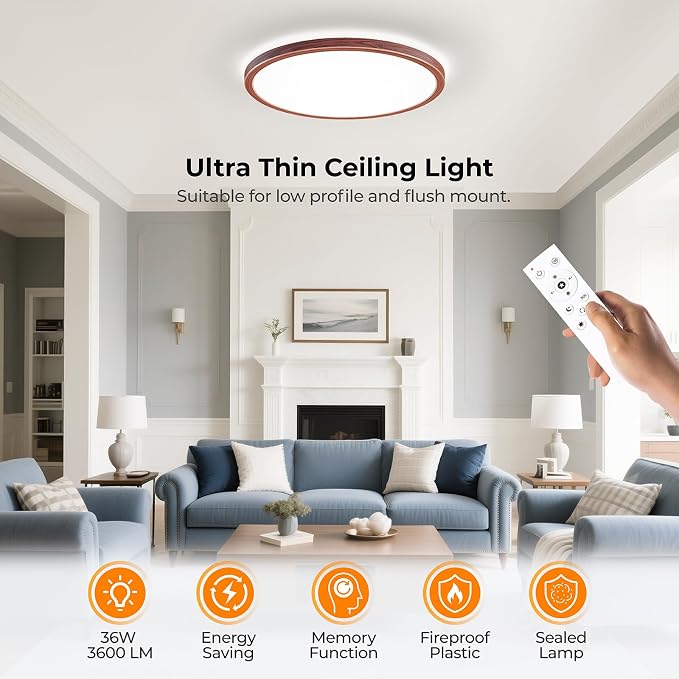 LED Flush Mount Ceiling Light Fixture with Remote Control, 15.4 Inch 3000K-6500K Dimmable Round Low Profile Ceiling Lamp for Living Room Bedroom Kitchen