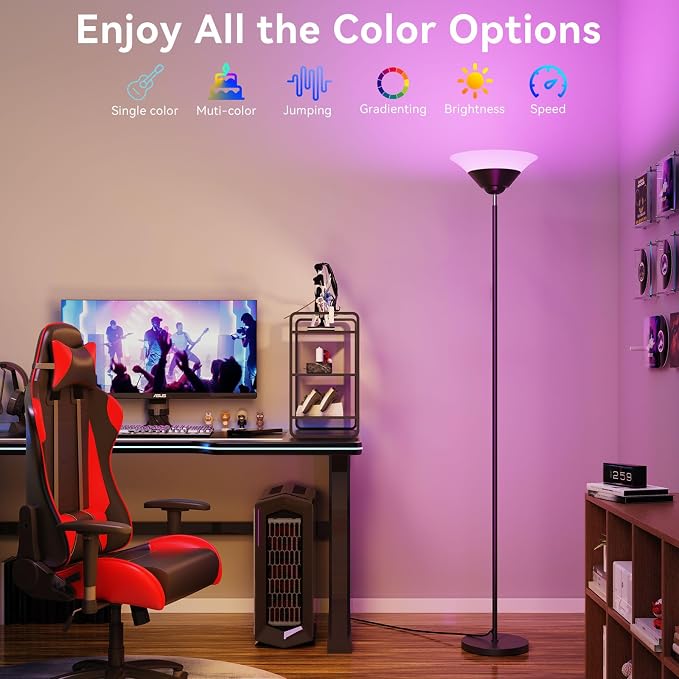 RGB Torchiere Floor Lamp, 30W Dimmable LED Standing Lamp with Remote, Multi Color Changing, 72in Tall Corner Light, Bright Standing Pole Light for Office Living Room Bedroom Basement