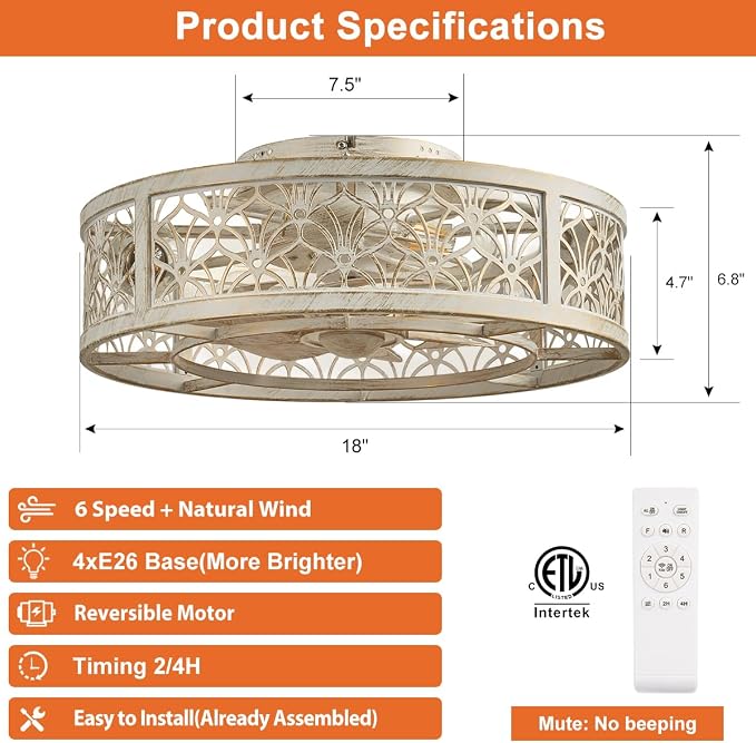 SHLUCE 18" Caged Ceiling Fan with Light, Small Flush Mount Fandelier Ceiling Fans with Lights and Remote, Rustic Low Profile Bladeless Ceiling Fan with Light for Bedroom, Kitchen, White Gold - ETL