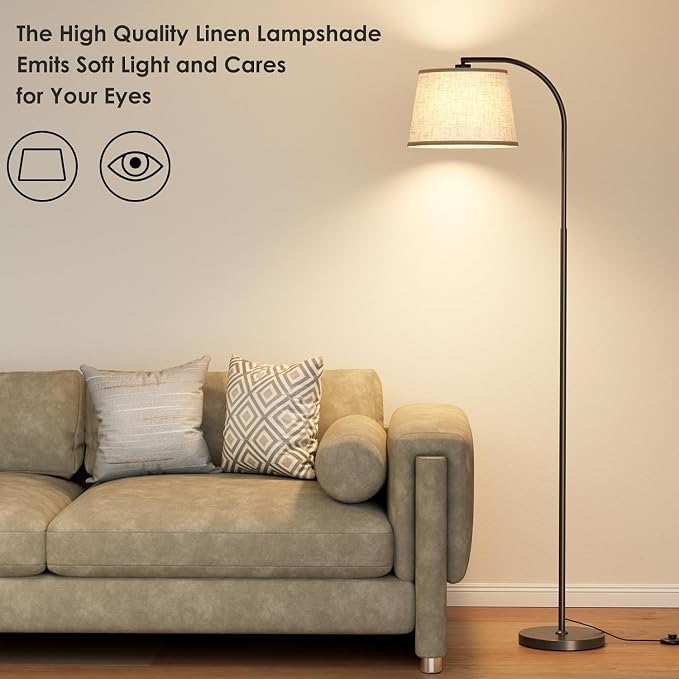 Karjoefar 64" 3 Color Dimmable Black Arc Floor Standing Lamp with Remote | Adjustable & 350°H/180°V Rotatable Linen Shade, Stepless Dimmable Lighting, 9W Bulb Included, Ideal for Bedroom & Office