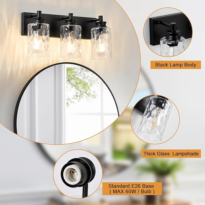 3 Light Bathroom Vanity Light Modern Black Bathroom Light Fixtures Over Mirror with Hammered Glass Lampshade for Kitchen Hallway