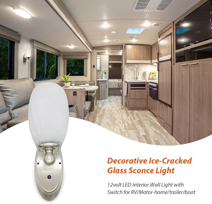 RV Wall Light Interior LED Light Fixture 12 Volt DC | Ice-Cracked Glass Wall Lights for Camper Trailer, 5th Wheel Decor Lighting-with on/Off Switch, Soft White Lighting