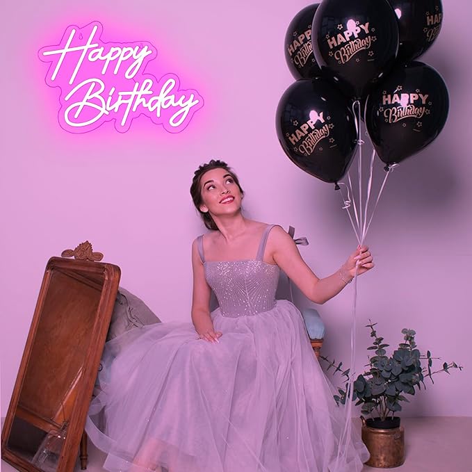 Happy Birthday Neon Sign for Wall Decor, 17×12 Inch Pink Led Neon Light Signs, Art Decoration Happy Birthday Neon Light Sign for All Birthday Party Decoration with 2 Pcs pasters