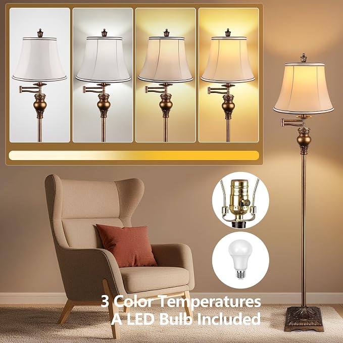 Vintage Floor Lamps for Living Room,Traditional 350° Adjustable Swing Arm Farmhouse Floor Lamp for Bedroom, Rustic Standing Lamp Pole Lamps for Reading, Home Décor and Office,Bronze Gold