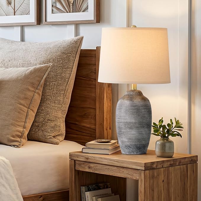24.5" Vintage Ceramic Table Lamp Single-Rustic Boho Accent Nightstand Lamps for Bedroom, Living Room, Entryway-Small Textured Bedside Lamps, Modern Farmhouse Table Lamps for Home Decor Gray