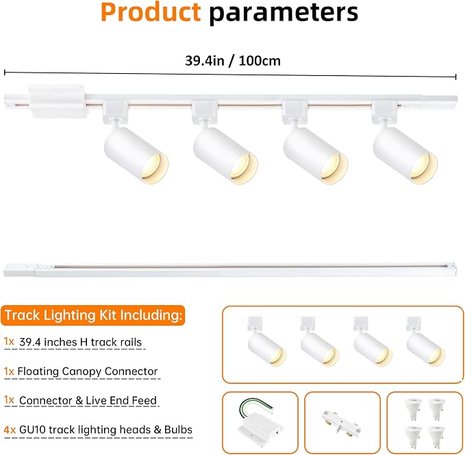 3-Color LED Track Lighting Kit with Floating Canopy Connector, 4-Light H Type Rail System with 3.3FT Rails, Dimmable GU10 Bulbs Included, Adjustable Ceiling Spotlights for Kitchen (4, White)