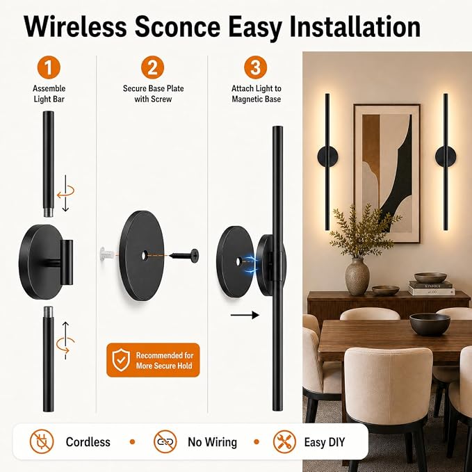 Battery Operated Wall Sconces Set of 2, Modern Wireless Wall Lights with Remote & Touch Control, 24 Inch Black Dimmable Rechargeable LED Sconce with 3 Colors & Timer for Bedroom, Living Room, Hallway