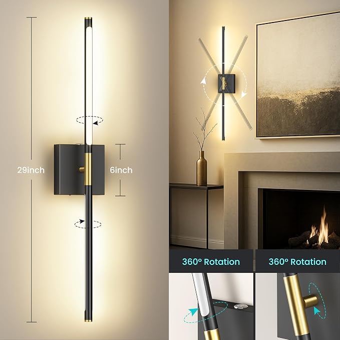 10000mAh Battery Operated Wall Sconces Set of 2, Black Gold, 29 Inch, 3CCT | Renter Friendly, Rechargeable Wall Lights, Remote Control, 360° Rotate, Dimmable, LED Cordless Lights for Bedroom Living Room