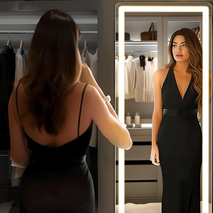 21"x64" LED Full Length Mirror with Stand, Full Body Wall Mirror | LED Lights 3 Color Lighting, Wall Hanging or Leaning, Floor Standing, Modern Simple Home Wall Decor