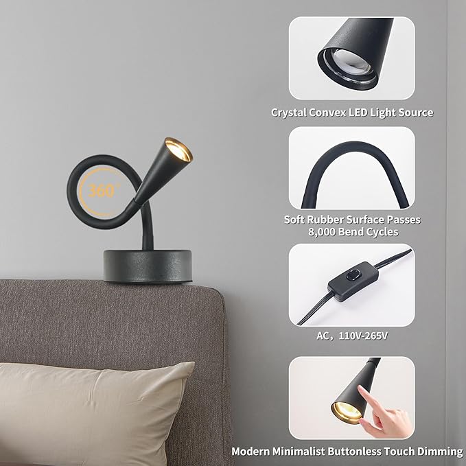 Black Headboard Reading Light 2 Pack, No Drilling Wall Mounted Reading Lights for Bedside, Buttonless Dimmable Reading Lamp for Bedtime Reading, Movable 720 Adjustable Reading Sconces for Bedroom