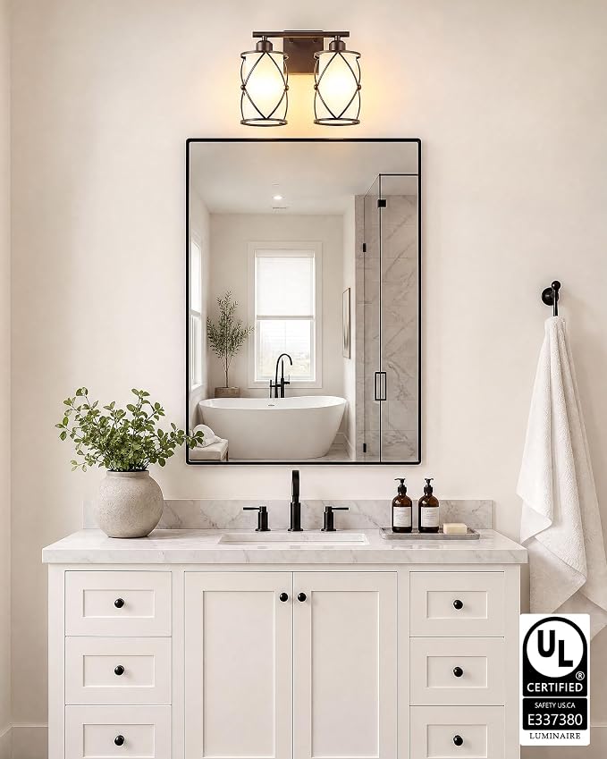 2-Light Oil Rubbed Bronze Bathroom Light Fixtures Over Mirror, 13.2" UL-Listed Modern Farmhouse Wall Sconce Lights with Milk White Frosted Glass and Metal Cage for Bath, E26, CH9176ORBW-2W