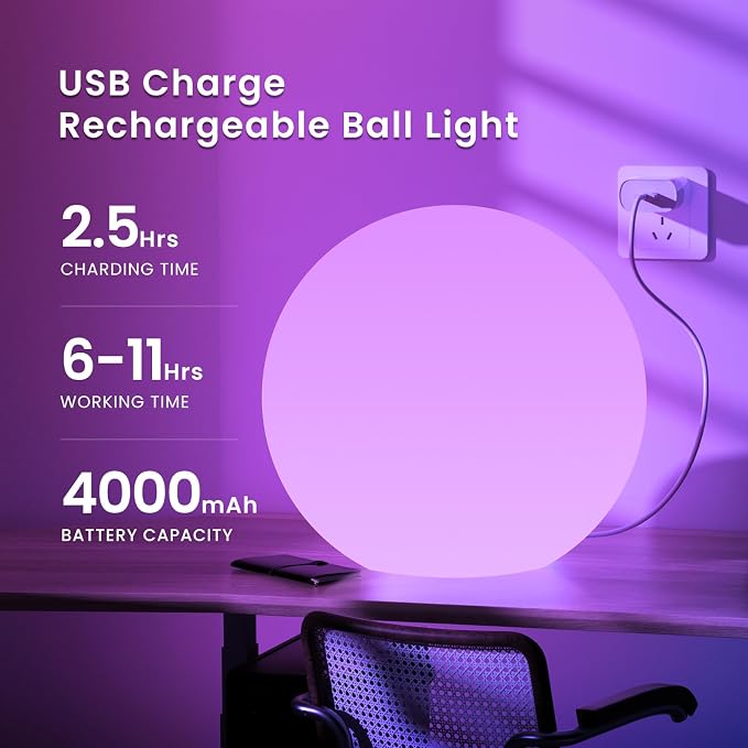 LOFTEK 20-inch Rechargeable LED Ball Light, Large Floor Lamp, Mood Lights | 16 RGB Color Changing, Waterproof Floating Pool Lights, Dimmable Globe Lamp for Home Garden Patio Lawn Party Decor