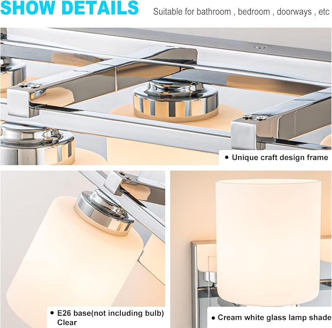 Modern Bathroom Light Fixtures Over Mirror, Vanity Lights for Bathroom Wall Sconces with Milky White Glass Shades, E26 Socket (Bulbs Not Included), 3 Light, Chrome