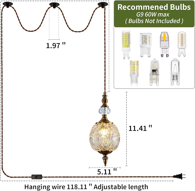 Piepooye Vintage Plug in Gold Glass Pendant Light for Kitchen Island | Antique 4.72" Mini Adjustable Hanging Ceiling Light Fixture Dining Room Bedroom Foyer Entryway