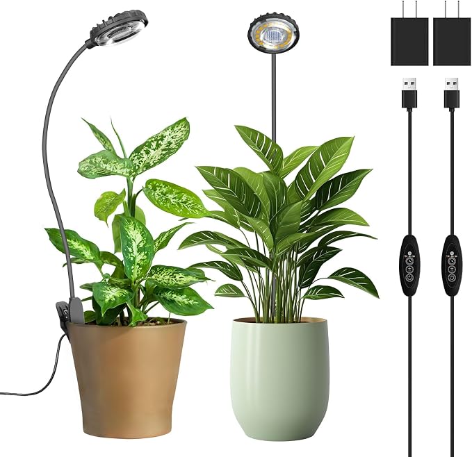 Small Plant Lights for Indoor Growing, Clip On Full Spectrum LED, 2 Pack | 7W Full Spectrum 4000K,25W equivalent,4-Level Dimmable Brightness,Auto-Timer Clip On Grow Light cycles,360-Degree Adjustable